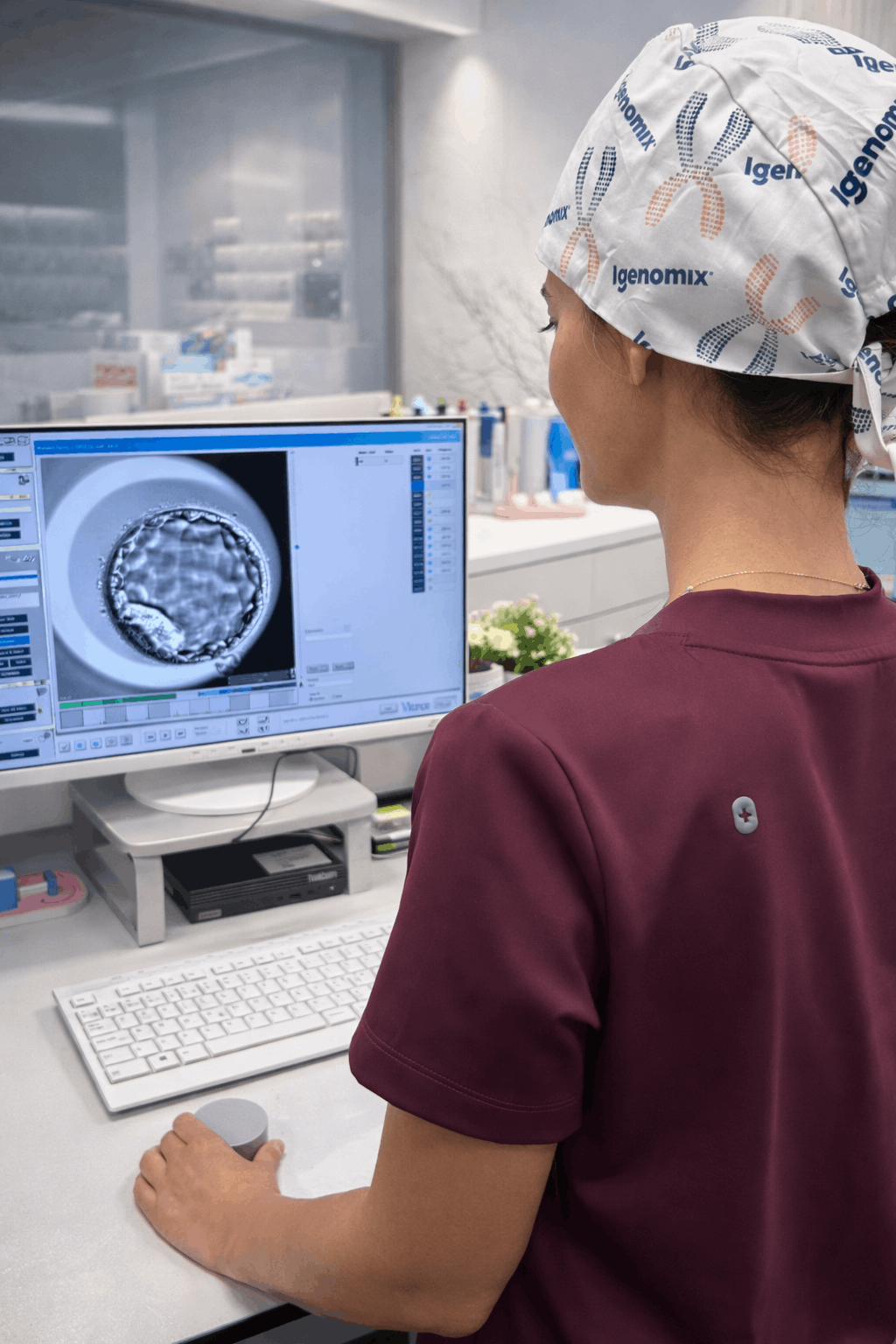 Clinician in burgundy scrubs reviewing a developing embryo on a microscope monitor